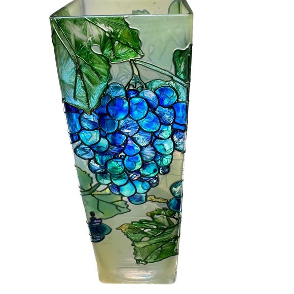 Hand Painted Grapes Vines Leaves Stained Glass Vase Joan Baker Designs 10" Tall - Picture 3 of 15